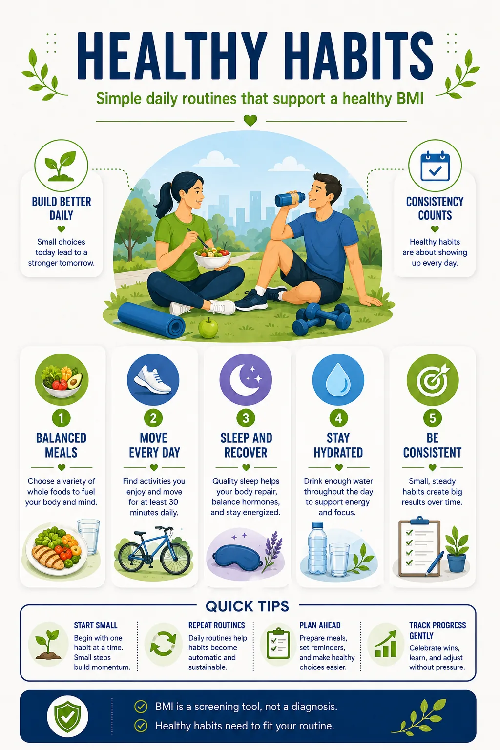 Healthy habits infographic showing simple habits including starting small, building consistency, supporting energy, shaping your environment, and reviewing and adjusting routines.