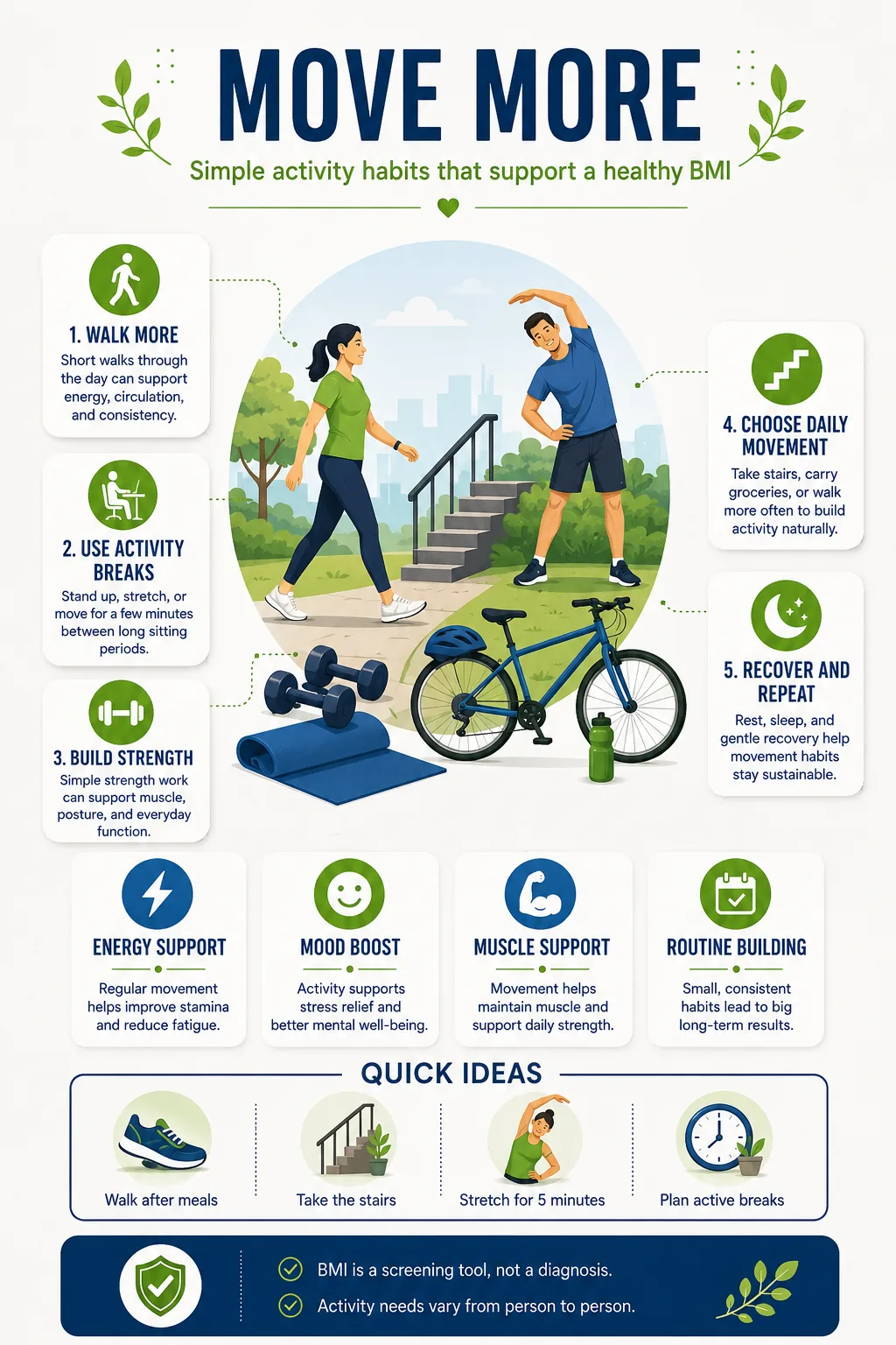 Move More infographic showing simple activity habits including walking, activity breaks, strength work, daily movement, recovery, and quick activity ideas.
