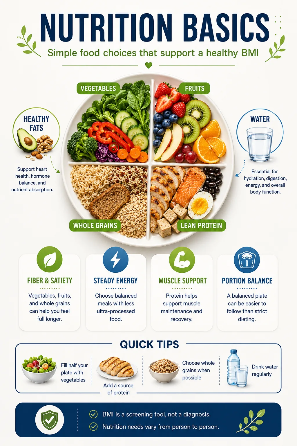 Nutrition Basics infographic showing healthy eating patterns, balanced food choices, hydration, and BMI screening context.