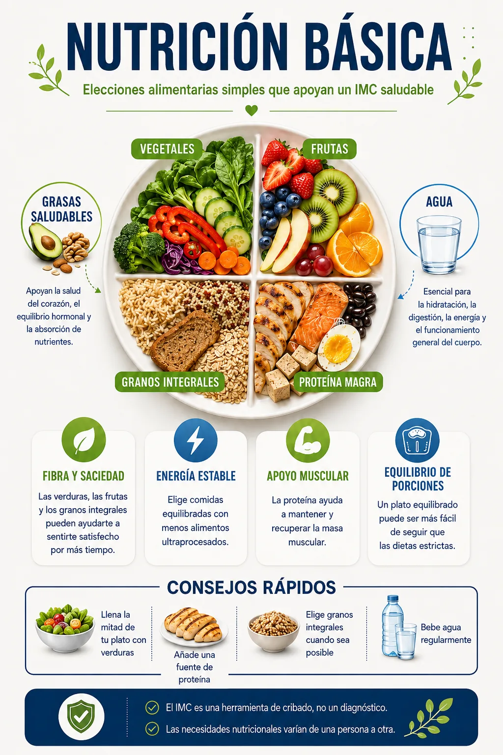 Infografía de fundamentos de nutrición con patrones de alimentación saludable, opciones equilibradas, hidratación y el contexto del IMC como evaluación inicial.