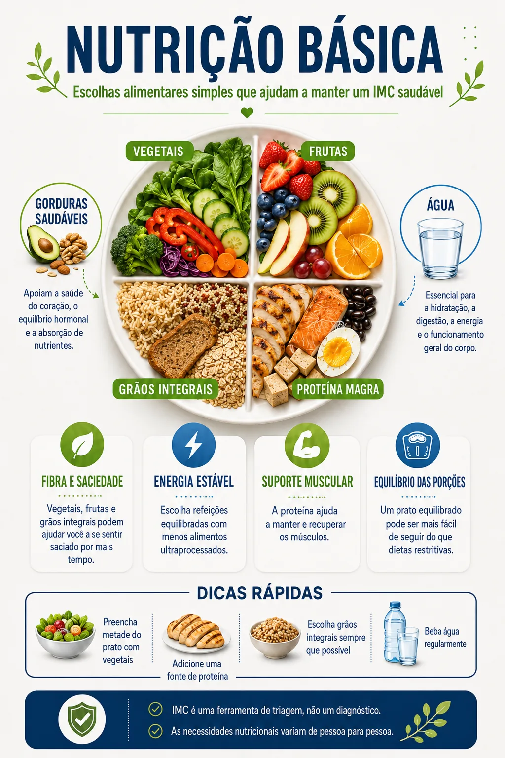 Infográfico de nutrição básica mostrando padrões de alimentação saudável, escolhas equilibradas, hidratação e o contexto do IMC como triagem.