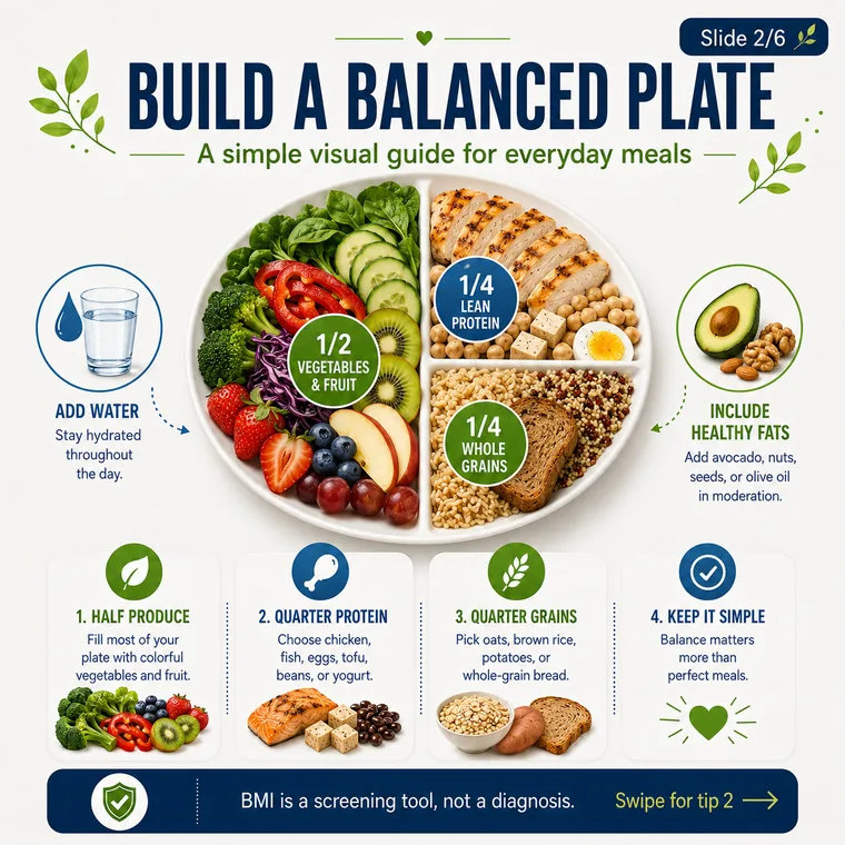 Build a balanced plate with vegetables, protein, carbohydrates, and healthy fats.