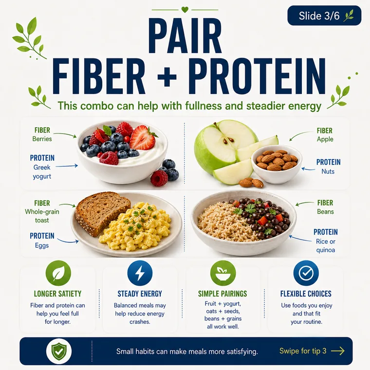 Pair fiber and protein to support fullness and steady meals.