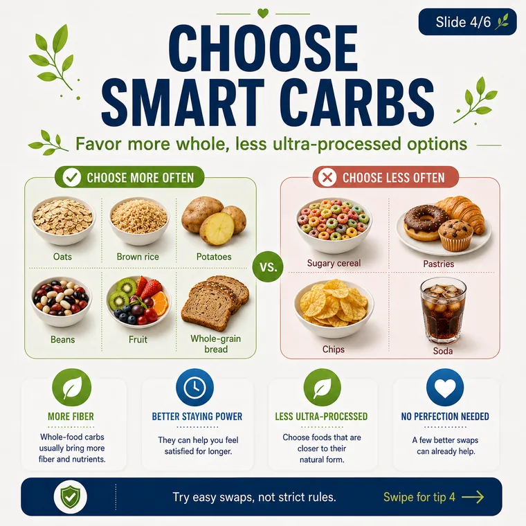Choose smart carbohydrates such as whole grains and fiber-rich foods.