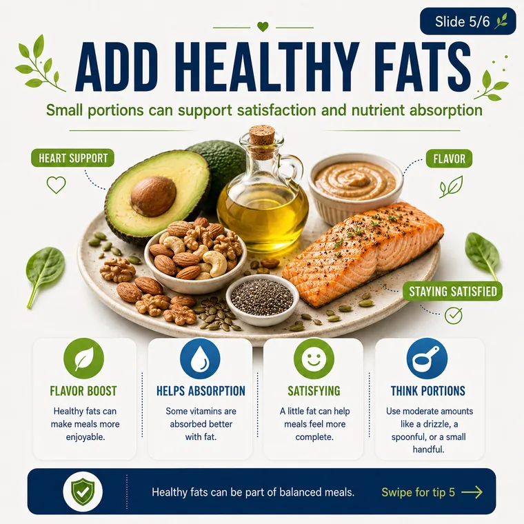 Add healthy fats from foods such as nuts, seeds, avocado, or olive oil.