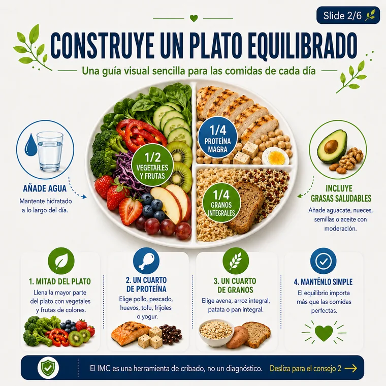 Arma un plato equilibrado con vegetales, proteína, carbohidratos y grasas saludables.