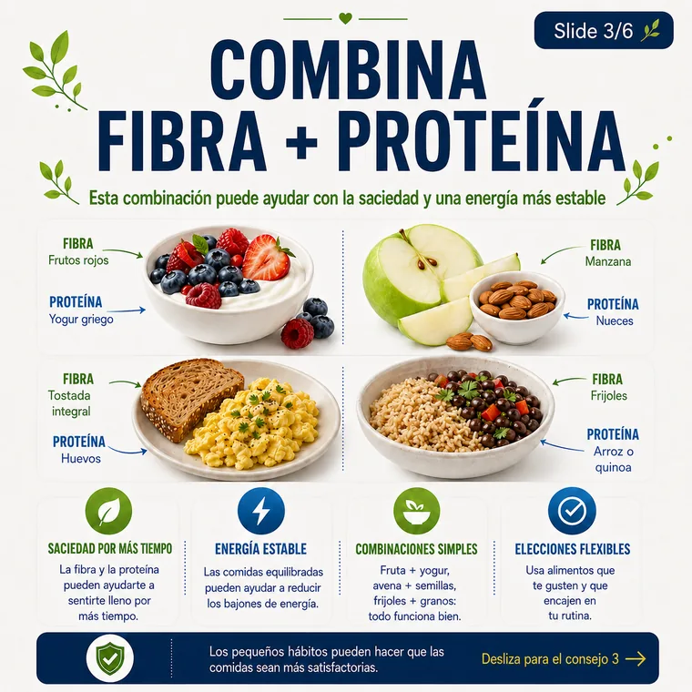 Combina fibra y proteína para apoyar la saciedad y comidas más estables.