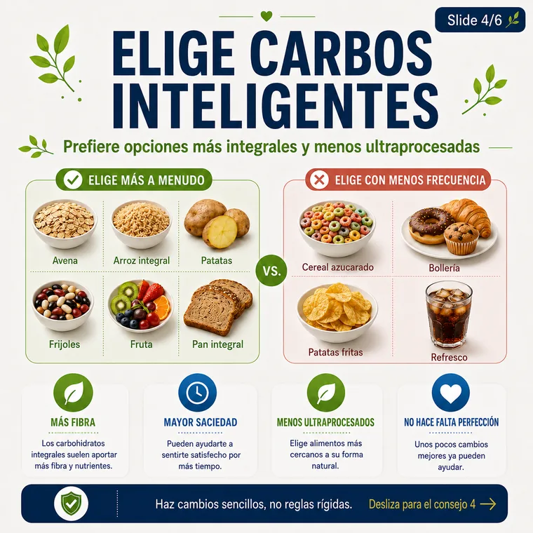 Elige carbohidratos inteligentes, como granos integrales y alimentos ricos en fibra.