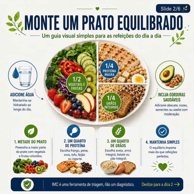 Monte um prato equilibrado com vegetais, proteína, carboidratos e gorduras saudáveis.