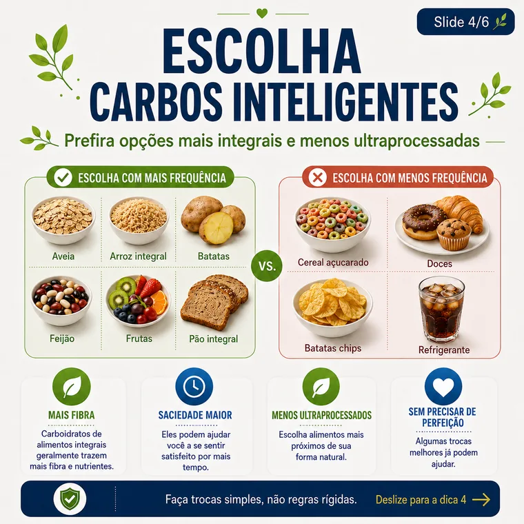 Escolha carboidratos inteligentes, como grãos integrais e alimentos ricos em fibras.