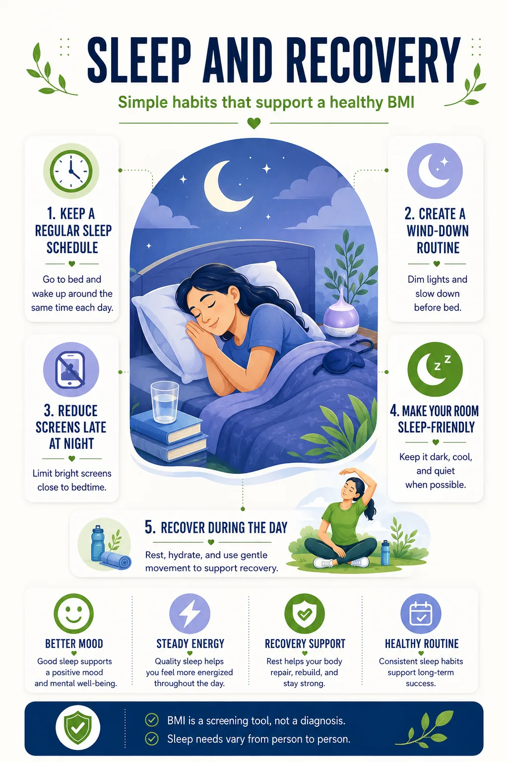 Infografía de sueño y recuperación (en inglés) con hábitos simples, incluyendo horarios regulares de sueño, una rutina para desacelerar, menos pantallas por la noche, una habitación adecuada para dormir y recuperación durante el día.