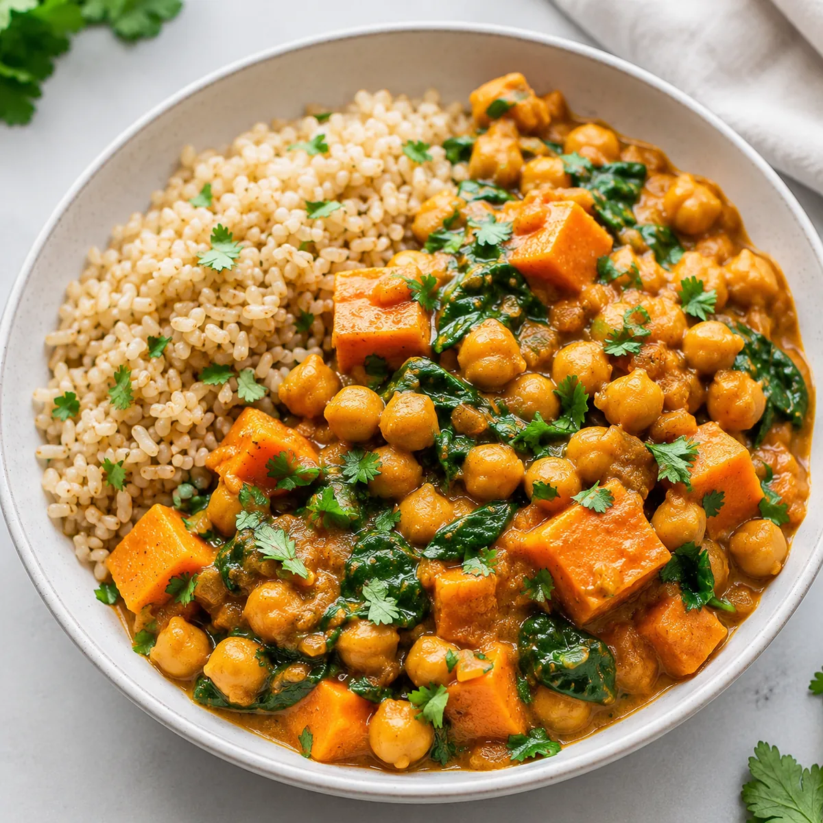 Chickpea, Spinach and Sweet Potato Curry with Brown Rice