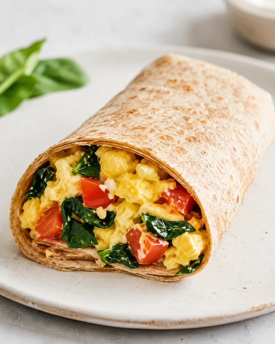 Whole-Grain Wrap with Scrambled Eggs, Spinach and Tomato
