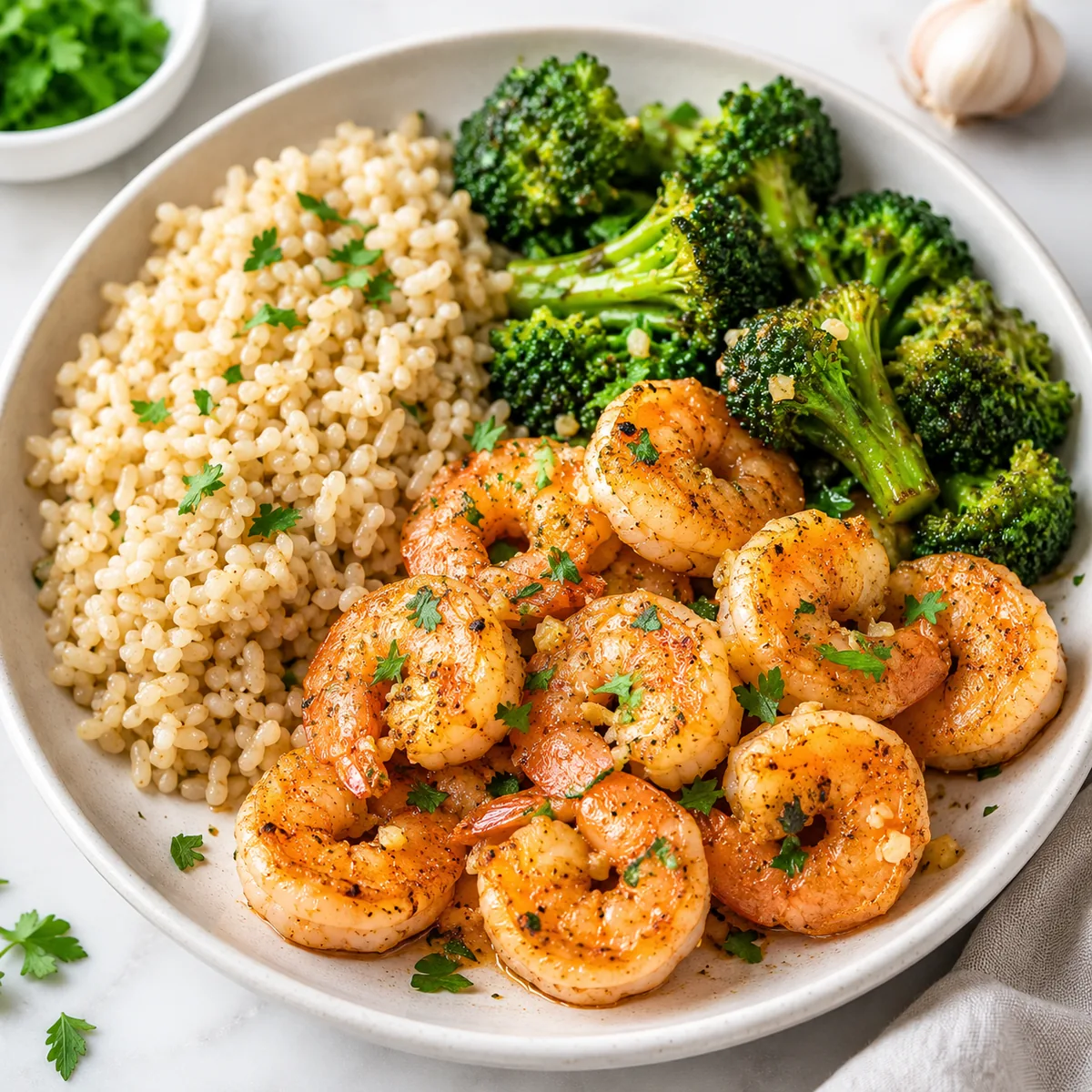 Garlic Shrimp with Brown Rice and Broccoli