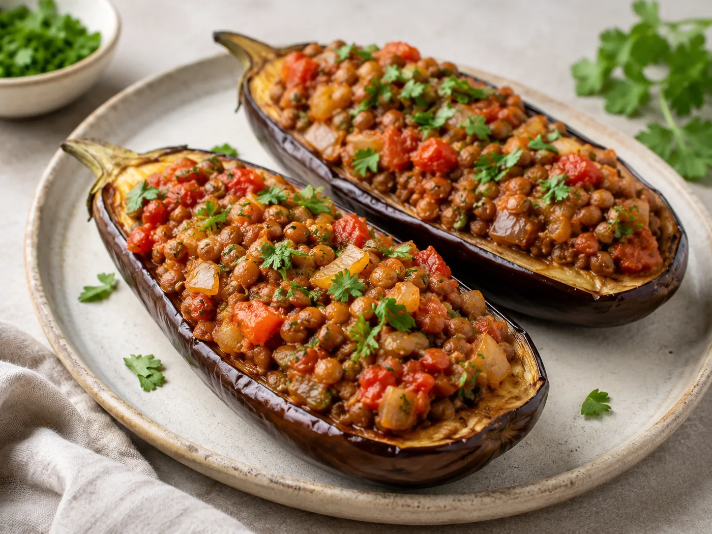Eggplant Stuffed with Lentils and Tomato