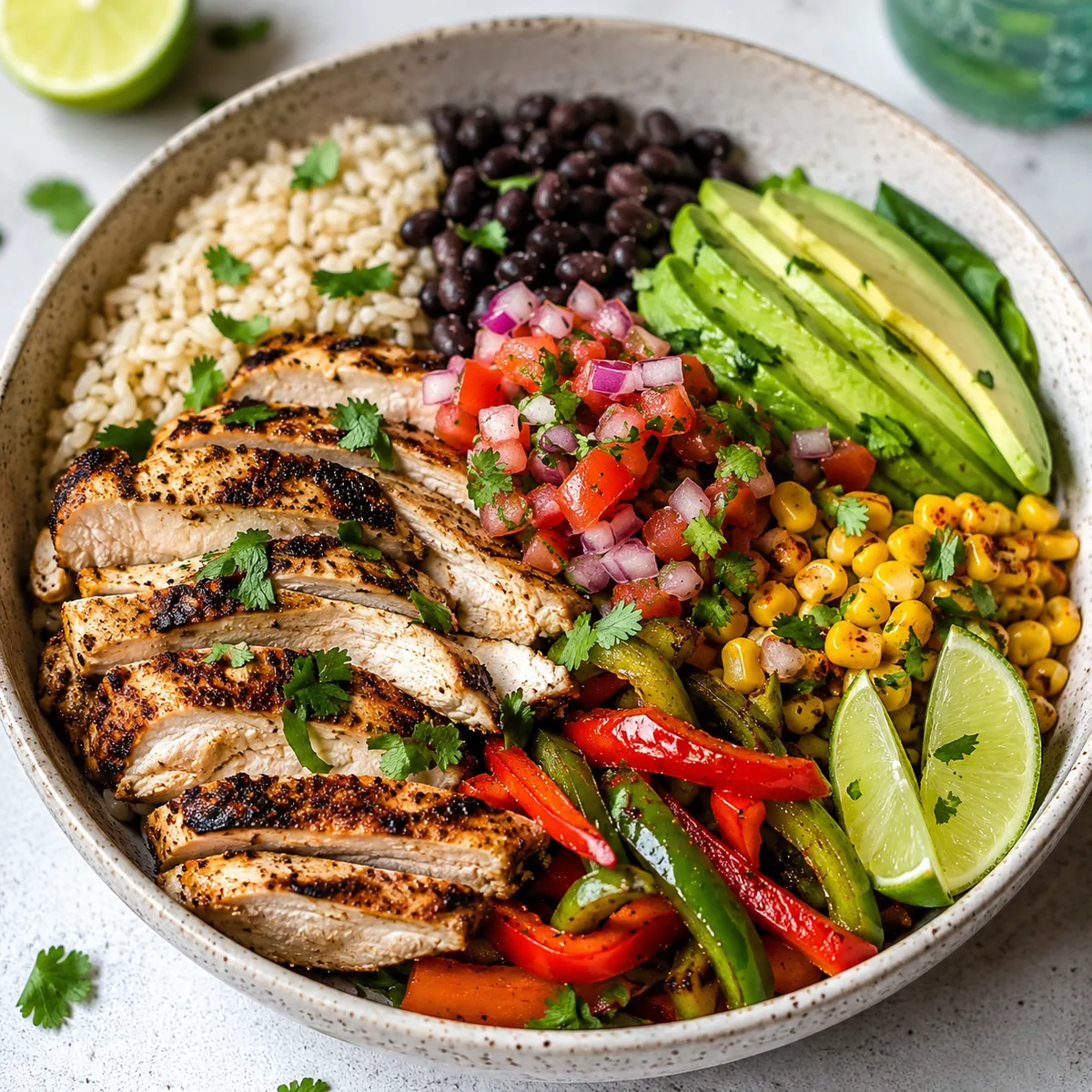 Mexican-Style Chicken, Brown Rice, Black Bean and Avocado Bowl