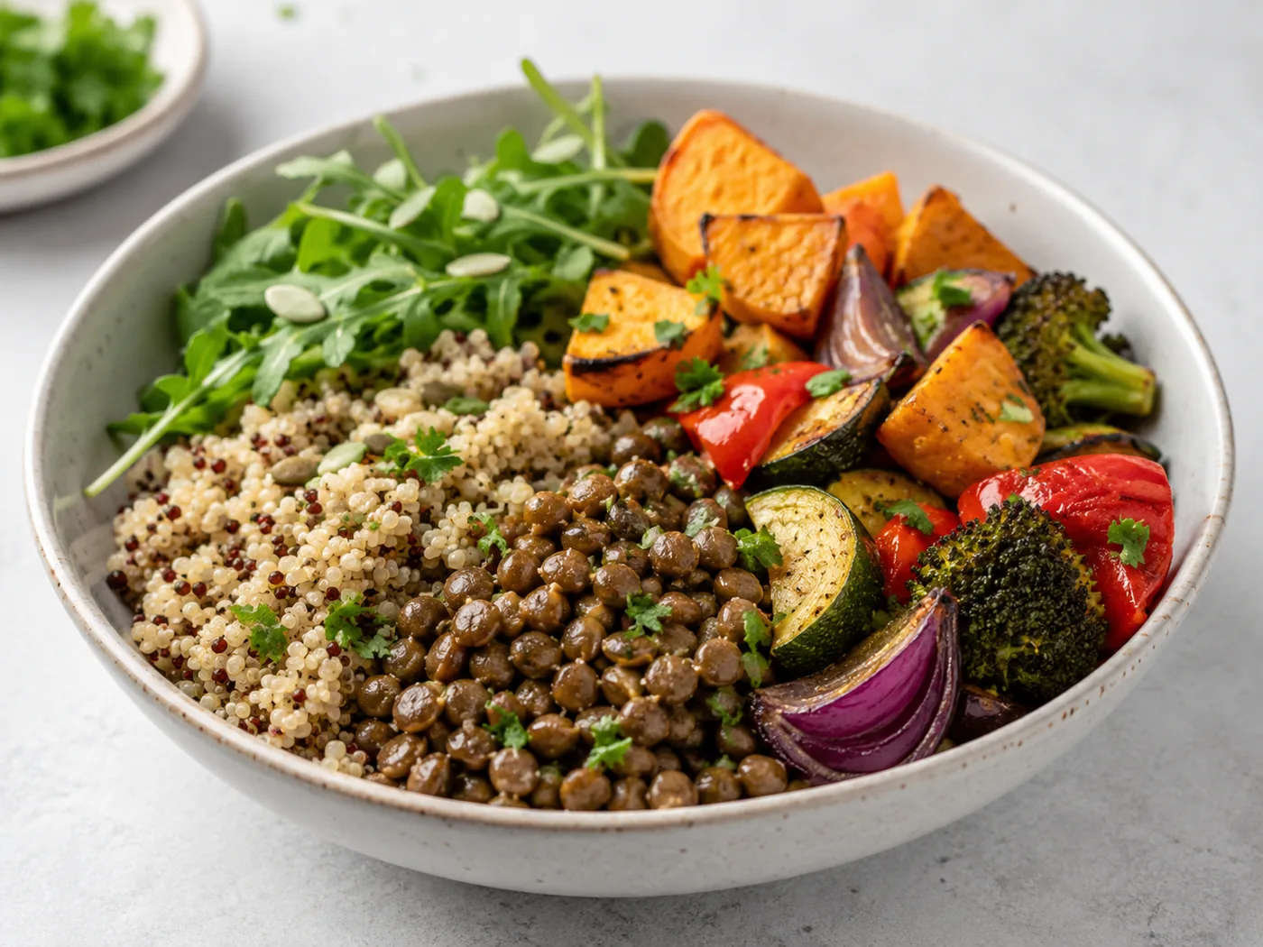 Quinoa, Lentil and Roasted Vegetable Bowl