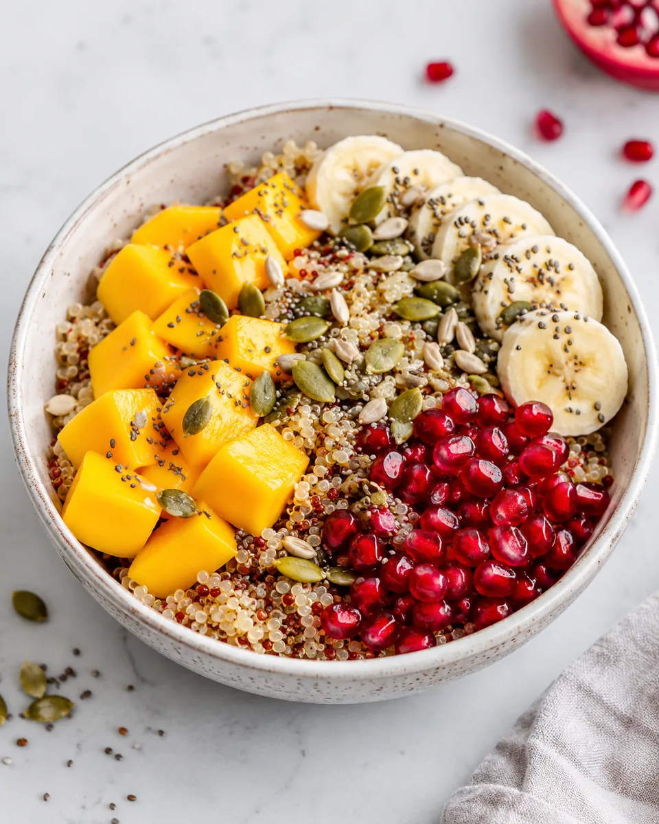 Quinoa Bowl with Mango, Banana, Pomegranate and Seeds