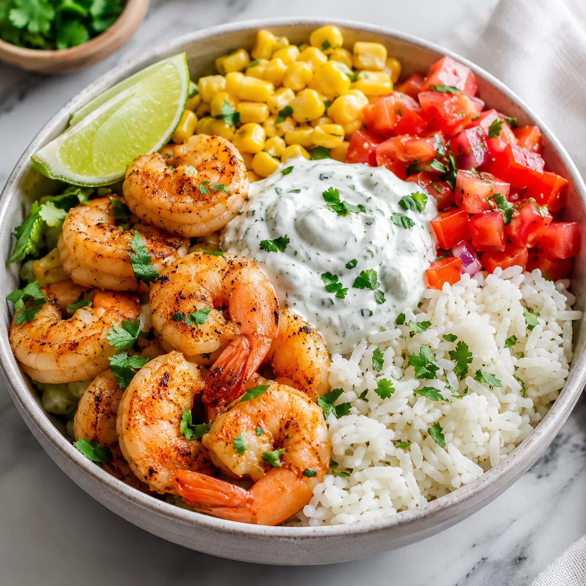 Shrimp Bowl with Rice, Corn, Tomato and Yogurt Sauce