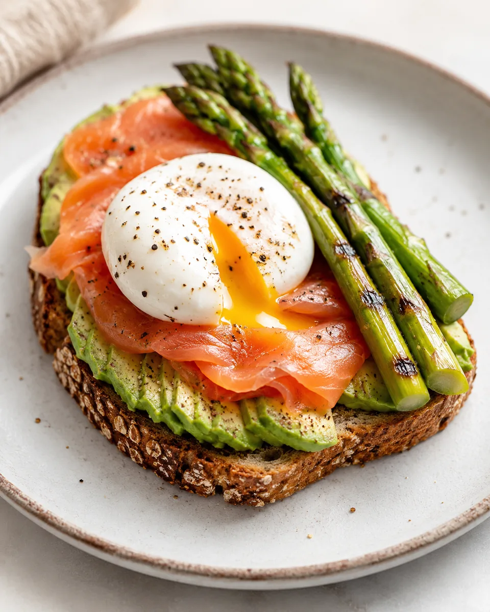 Whole-Grain Toast with Smoked Salmon, Avocado, Egg and Asparagus