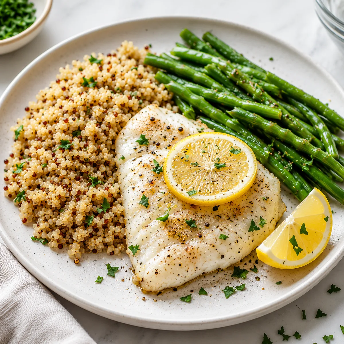 White Fish with Quinoa and Lemon Green Beans