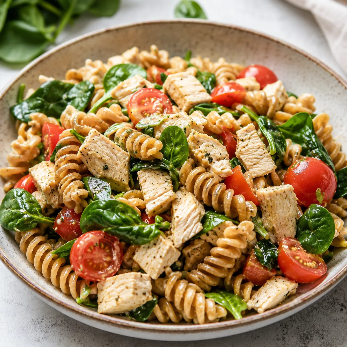 Whole-Grain Pasta Salad with Chicken, Spinach and Tomato