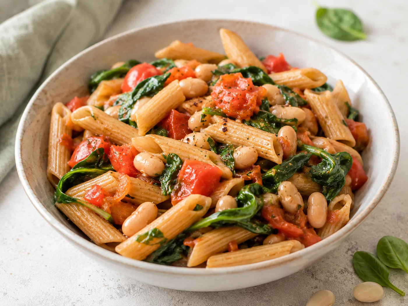 Whole-Wheat Pasta with Tomato, Spinach and White Beans